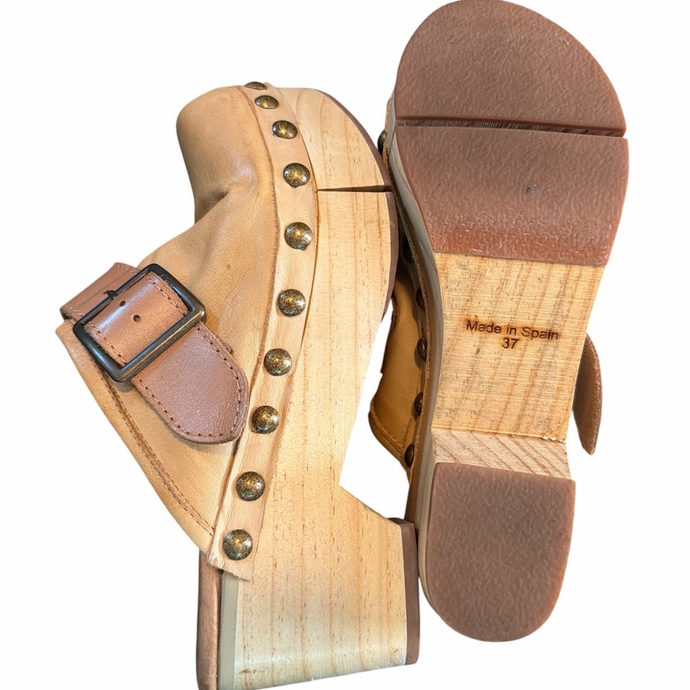 Free People Culver City Clog Mule Leather Studded Wooden Platform Light Academia - Picture 14 of 14